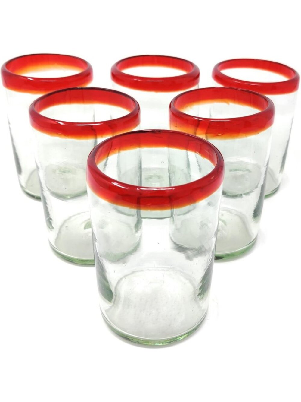 Colorful Hand Blown Mexican Drinking Glasses Set of 6 with Red Rims - 14 oz
